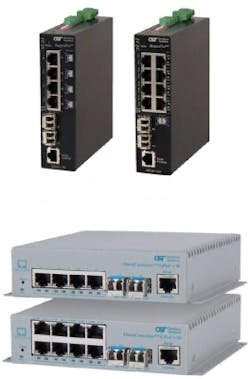 Omnitron Systems recently expanded its product portfolio with the introduction of RuggedNet Industrial PoE fiber switches (top) and OmniConverter Enterprise PoE fiber switches (bottom). Both are available in managed and unmanaged versions, with 4 or 8 10/100/1000 RJ45 ports and 1 or 2 gig-speed fiber ports. Omnitron Systems recently expanded its product portfolio with the introduction of RuggedNet Industrial PoE fiber switches (top) and OmniConverter Enterprise PoE fiber switches (bottom). Both are available in managed and unmanaged versions, with 4 or 8 10/100/1000 RJ45 ports and 1 or 2 gig-speed fiber ports.