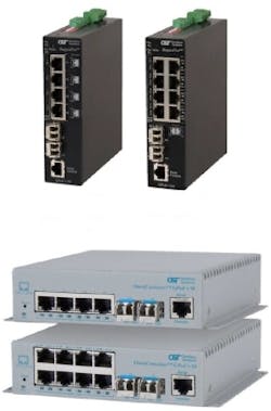 Omnitron Systems recently expanded its product portfolio with the introduction of RuggedNet Industrial PoE fiber switches (top) and OmniConverter Enterprise PoE fiber switches (bottom). Both are available in managed and unmanaged versions, with 4 or 8 10/100/1000 RJ45 ports and 1 or 2 gig-speed fiber ports.