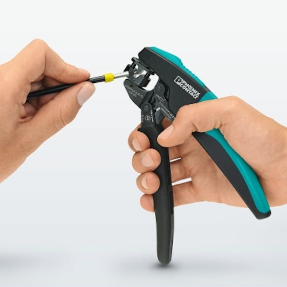 Phoenix Contact&apos;s Crimpfox Duo 10 crimping pliers accommodates wires of 26-8 AWG. It also accommodates 2x20 to 2x12 AWG twin ferrules.