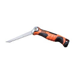 Klein Tools' Folding Jab Saw folds into its handle, enabling safe storage and eliminating puncture holes in tool bags. Klein Tools' Folding Jab Saw folds into its handle, enabling safe storage and eliminating puncture holes in tool bags.