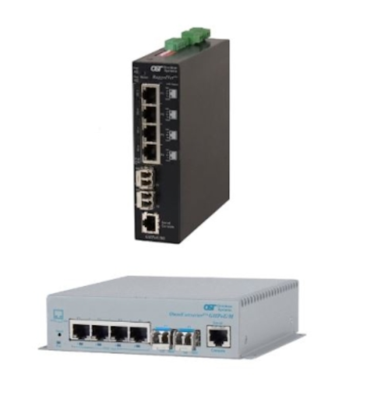 Omnitron Systems' RuggedNet (top) and OmniConverter (bottom) high-power Power over Ethernet switches provide up to 60W PoE to powered devices in industrial and enterprise networks, respectively.