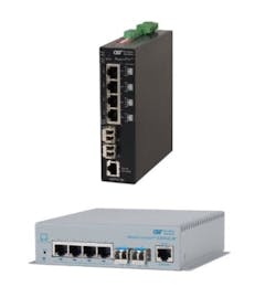 Omnitron Systems' RuggedNet (top) and OmniConverter (bottom) high-power Power over Ethernet switches provide up to 60W PoE to powered devices in industrial and enterprise networks, respectively. Omnitron Systems' RuggedNet (top) and OmniConverter (bottom) high-power Power over Ethernet switches provide up to 60W PoE to powered devices in industrial and enterprise networks, respectively.