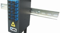 AFL&apos;s Mini DIN Rail Mounted Enclosure houses and protects up to 24 fibers that can be connectorized or fusion-spliced. The enclosure can accommodate cable entry from the bottom (shown) or top.