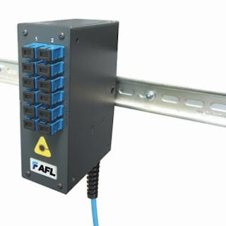 AFL&apos;s Mini DIN Rail Mounted Enclosure houses and protects up to 24 fibers that can be connectorized or fusion-spliced. The enclosure can accommodate cable entry from the bottom (shown) or top.