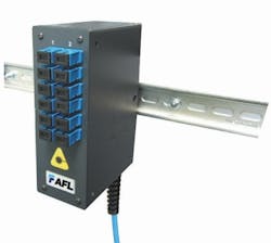 AFL's Mini DIN Rail Mounted Enclosure houses and protects up to 24 fibers that can be connectorized or fusion-spliced. The enclosure can accommodate cable entry from the bottom (shown) or top. AFL's Mini DIN Rail Mounted Enclosure houses and protects up to 24 fibers that can be connectorized or fusion-spliced. The enclosure can accommodate cable entry from the bottom (shown) or top.