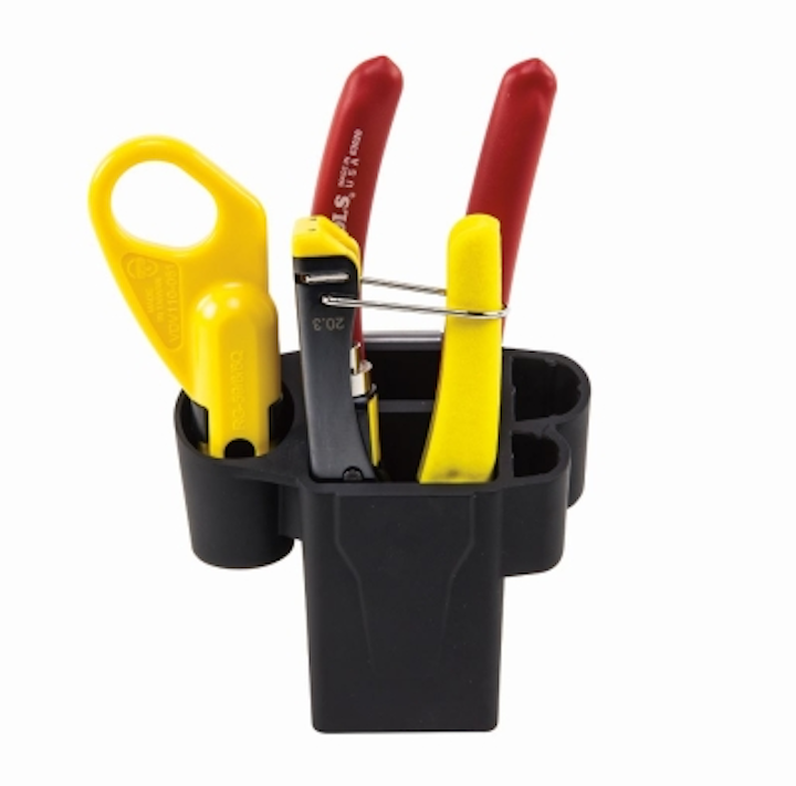 Klein Tools' Coaxial Cable Installation Kit includes the tools needed to cut, strip, and crimp compression F-connectors to RG56/RG6/RG6Q cables and includes a freestanding hip pouch with a metal belt clip.