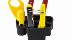 Klein Tools' Coaxial Cable Installation Kit includes the tools needed to cut, strip, and crimp compression F-connectors to RG56/RG6/RG6Q cables and includes a freestanding hip pouch with a metal belt clip.