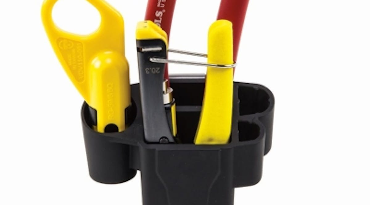 Klein Tools&apos; Coaxial Cable Installation Kit includes the tools needed to cut, strip, and crimp compression F-connectors to RG56/RG6/RG6Q cables and includes a freestanding hip pouch with a metal belt clip.