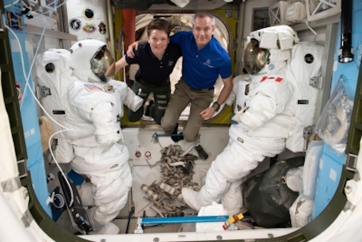 U.S. astronaut Anne McClain and Canadian astronaut David Saint Jacques pose prior to their spacewalk on April 8, 2019, during which the pair installed cables to provide additional Ethernet service to the International Space Station. Photo credit: NASA
