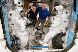 U.S. astronaut Anne McClain and Canadian astronaut David Saint Jacques pose prior to their spacewalk on April 8, 2019, during which the pair installed cables to provide additional Ethernet service to the International Space Station. Photo credit: NASA U.S. astronaut Anne McClain and Canadian astronaut David Saint Jacques pose prior to their spacewalk on April 8, 2019, during which the pair installed cables to provide additional Ethernet service to the International Space Station. Photo credit: NASA
