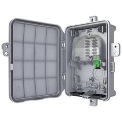 The OptiNID Duo enclosure is available with two different base cable entry options -- either a pair of U-shaped “drop-in” style grommets, or two half-inch ports allowing for a variety of different entry accessories. The OptiNID Duo enclosure is available with two different base cable entry options -- either a pair of U-shaped “drop-in” style grommets, or two half-inch ports allowing for a variety of different entry accessories.