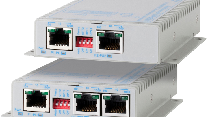 The OmniConverter PoE Extenders from Omnitron Systems, which are available in 30W and 60W models, can be daisy-chained to deliver Ethernet data and PoE to distances up to 800 meters.