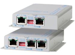 The OmniConverter PoE Extenders from Omnitron Systems, which are available in 30W and 60W models, can be daisy-chained to deliver Ethernet data and PoE to distances up to 800 meters. The OmniConverter PoE Extenders from Omnitron Systems, which are available in 30W and 60W models, can be daisy-chained to deliver Ethernet data and PoE to distances up to 800 meters.
