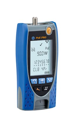 The PoE Pro from Ideal Networks tests and reports PoE Class, voltage/voltage drop, watts, and injector type. The PoE Pro from Ideal Networks tests and reports PoE Class, voltage/voltage drop, watts, and injector type.