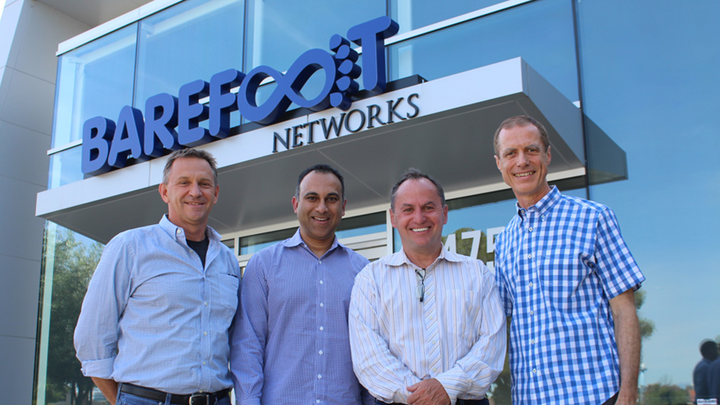 From left: Nick McKeown, co-founder, chief scientist, and chairman of Barefoot Networks; Navin Shenoy, Intel executive vice president and general manager of the Data Center Group; Bob Swan, Intel CEO; and Craig Barratt, Barefoot Networks CEO, stand outside Barefoot Networks’ headquarters after the announcement of Intel’s acquisition of the Santa Clara, CA, company on Monday, June 10, 2019.