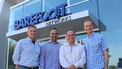 From left: Nick McKeown, co-founder, chief scientist, and chairman of Barefoot Networks; Navin Shenoy, Intel executive vice president and general manager of the Data Center Group; Bob Swan, Intel CEO; and Craig Barratt, Barefoot Networks CEO, stand outside Barefoot Networks&rsquo; headquarters after the announcement of Intel&rsquo;s acquisition of the Santa Clara, CA, company on Monday, June 10, 2019.
