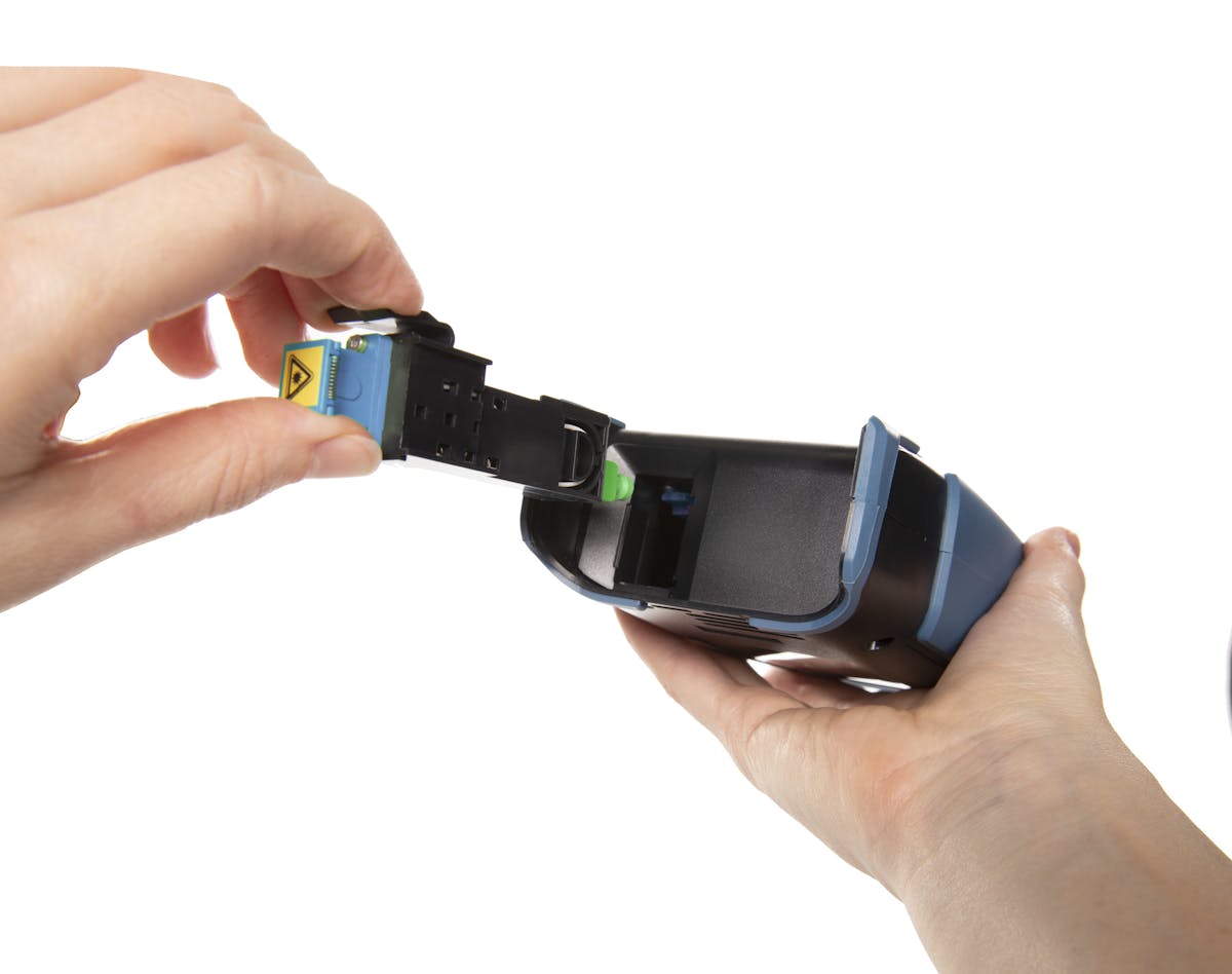 Optical Xplorer&apos;s Click-Out optical connector enables field replacement, which the company says saves on cost. The Optical Xplorer also is lifetime-calibrated.