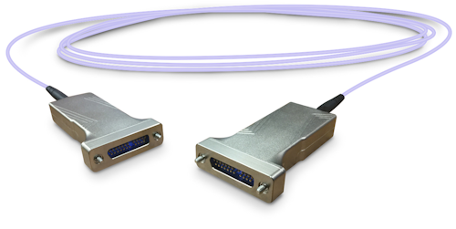 The SAOC takes a standard copper signal and translates it to a fiber optical signal within the connector body.