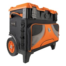 Klein Tools&apos; Tradesman Pro Tool Master Rolling Tool Bag includes 8-inch wheels for high clearance in rugged terrain.