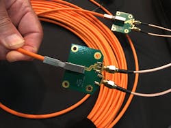 Circuitry produced by AEM enables testing of single-pair cabling. The single-pair cabling construction shown under test here is a prototype developed by Panduit. Circuitry produced by AEM enables testing of single-pair cabling. The single-pair cabling construction shown under test here is a prototype developed by Panduit.