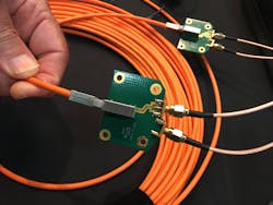 Circuitry produced by AEM enables testing of single-pair cabling. The single-pair cabling construction shown under test here is a prototype developed by Panduit.