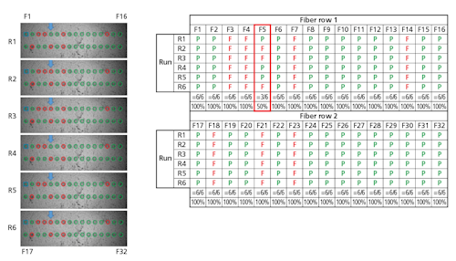 Shown here is a simplified two-row, 32-fiber auto-analysis test result. Indicated by the blue arrow, Fiber 5 is a marginal fiber endface. The auto-analysis grid shows a passing assessment of Fiber 5 half the time.