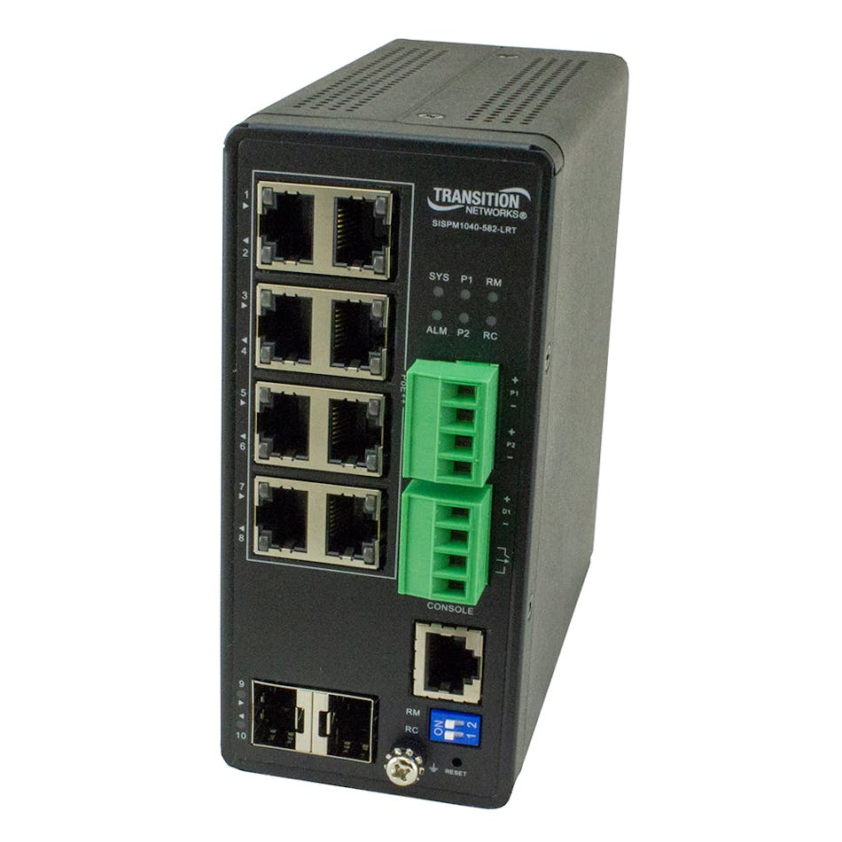 Transition Networks&apos; Managed Hardened Gigabit PoE+ Switch (SISPM1040-384-LRT-C) is suitable for connecting and powering devices in outdoor environments. The switch can supply up to 30 Watts per port on all eight ports simultaneously.