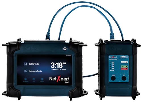 Shown here is Softing's NetXpert 10G local and remote units. NetXpert 10G is a project qualifier, which tests structured cabling links for IEEE 802.3 compliance at data rates up to 10 Gbits/sec. The tester's main unit includes fiber ports for active network testing.