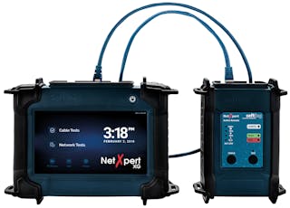Shown here is Softing&apos;s NetXpert 10G local and remote units. NetXpert 10G is a project qualifier, which tests structured cabling links for IEEE 802.3 compliance at data rates up to 10 Gbits/sec. The tester&apos;s main unit includes fiber ports for active network testing.