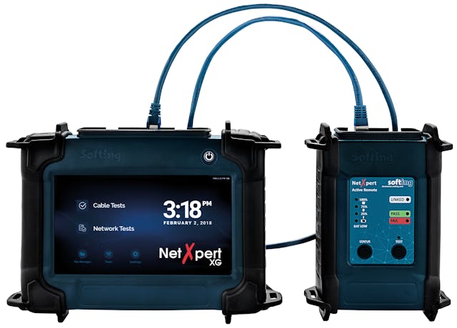 Shown here is Softing&apos;s NetXpert 10G local and remote units. NetXpert 10G is a project qualifier, which tests structured cabling links for IEEE 802.3 compliance at data rates up to 10 Gbits/sec. The tester&apos;s main unit includes fiber ports for active network testing.