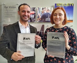 Pictured (L to R): Vahid Ebrahimi, AFL Product Development Designer; and Shirley Ball, AFL Product Development Manager. Not pictured: Artur Bueacov, AFL Hyperscale Product Design &amp; Tooling Engineer.