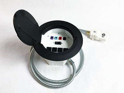 Snake Tray's all-metal circular floor box offers an optional integrated circuit breaker to eliminate power disruptions in surrounding electrical devices.