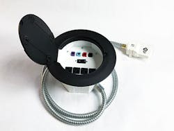 Snake Tray's all-metal circular floor box offers an optional integrated circuit breaker to eliminate power disruptions in surrounding electrical devices. Snake Tray's all-metal circular floor box offers an optional integrated circuit breaker to eliminate power disruptions in surrounding electrical devices.