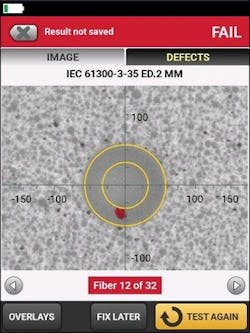 Touching 'Test' provides an automated PASS/FAIL result compliant with IEC 61300-3-35 in seconds. Touching 'Test' provides an automated PASS/FAIL result compliant with IEC 61300-3-35 in seconds.