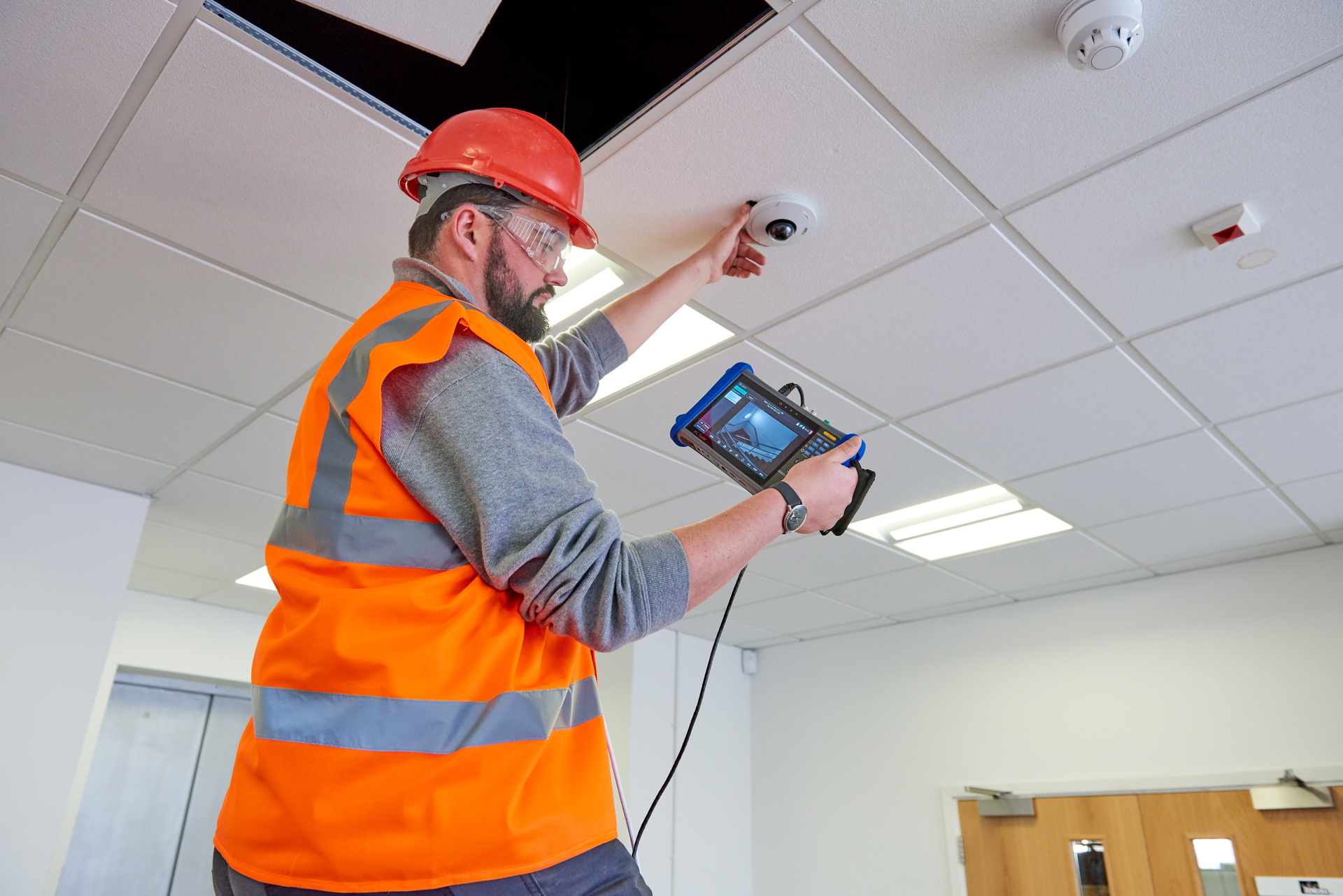 Shown here is an installer using Ideal Networks' SecuriTest IP testing system, which allows assurance that the camera is providing the video quality required and that the camera does not adversely affect bandwidth consumption.
