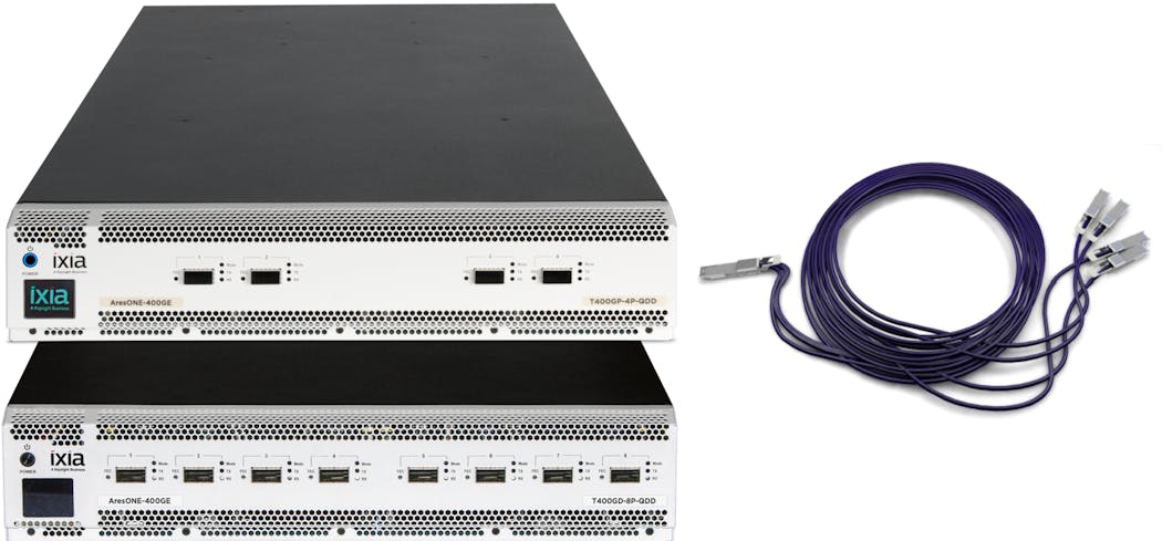 Keysight&apos;s Ixia AresONE 400GE test system with 1x400GE PAM4 to 4x100GE NRZ breakout cables.