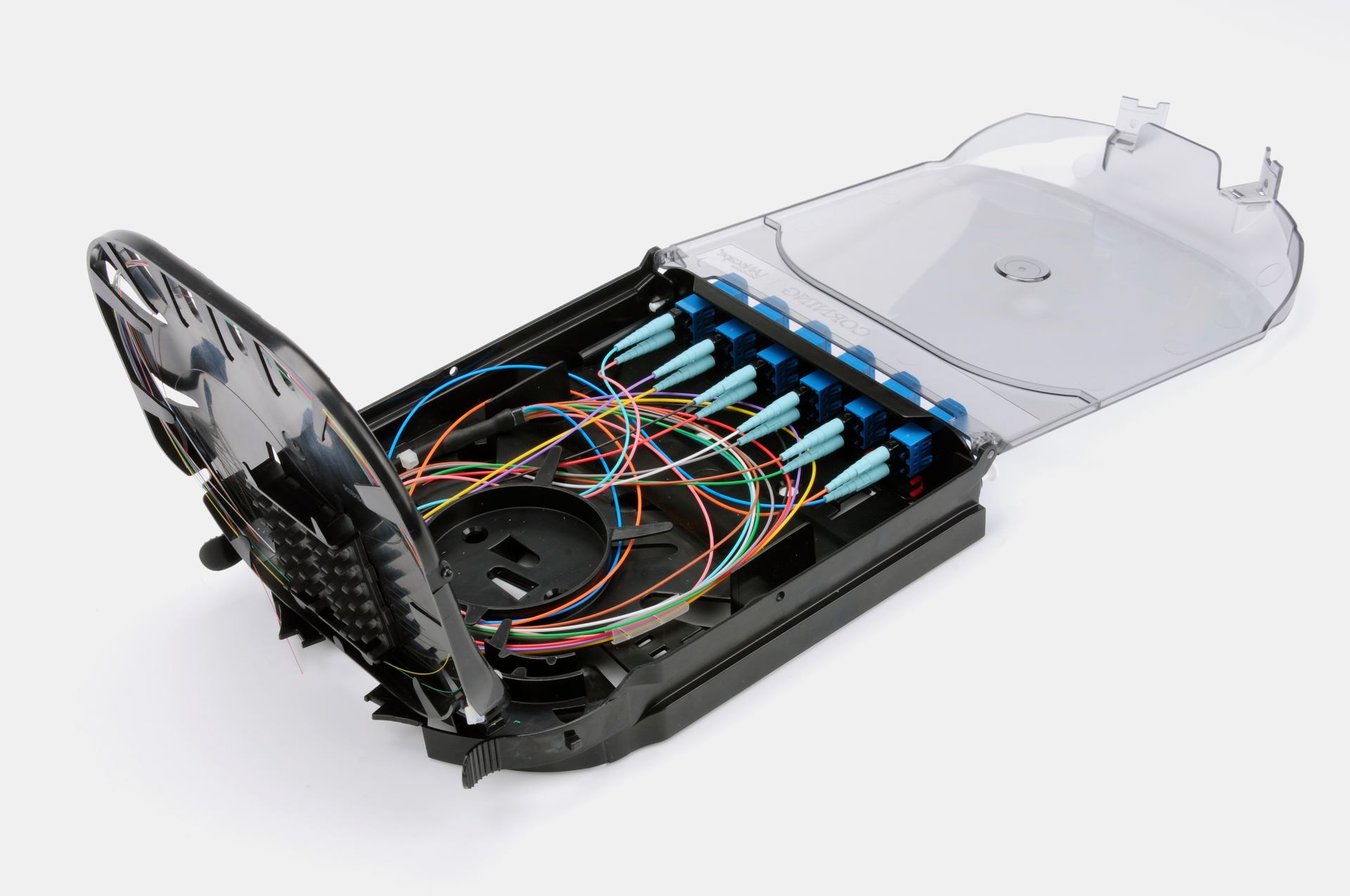 Shown here is a CCH pigtailed splice cassette, which enables fast field splicing and easy modular management of connectorization within the housing.