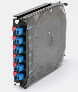 The cassette-based pigtail splice termination method combines the splice tray, adapter panel, prestripped and routed pigtails, and splicing consumables required for optical fiber termination in a single compact cassette like the one shown here.