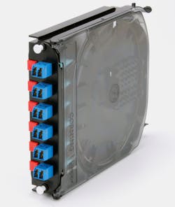 The cassette-based pigtail splice termination method combines the splice tray, adapter panel, prestripped and routed pigtails, and splicing consumables required for optical fiber termination in a single compact cassette like the one shown here. The cassette-based pigtail splice termination method combines the splice tray, adapter panel, prestripped and routed pigtails, and splicing consumables required for optical fiber termination in a single compact cassette like the one shown here.