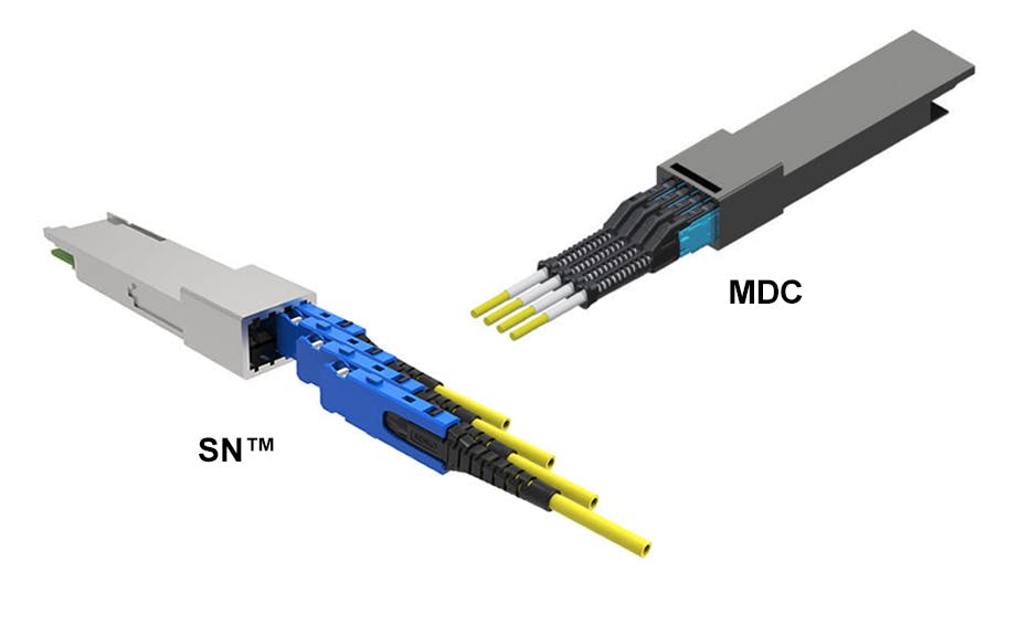 The latest Senko SN&circledR; and US CONEC ELiMENT&trade; MDC dual fiber connectors are small enough to enable four connectors (eight fibers) to fit into one transceiver to support 400-to-100-Gbit/sec or 200-to-50-Gbit/sec breakout applications.