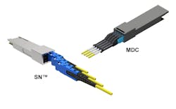 The latest Senko SN® and US CONEC ELiMENT™ MDC dual fiber connectors are small enough to enable four connectors (eight fibers) to fit into one transceiver to support 400-to-100-Gbit/sec or 200-to-50-Gbit/sec breakout applications. The latest Senko SN® and US CONEC ELiMENT™ MDC dual fiber connectors are small enough to enable four connectors (eight fibers) to fit into one transceiver to support 400-to-100-Gbit/sec or 200-to-50-Gbit/sec breakout applications.