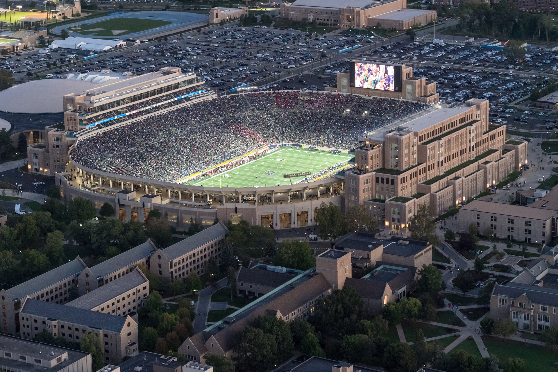 Notre Dame Stadium, where the university&rsquo;s legendary football team plays, is part of a large athletic complex on campus. Several sports venues had to be upgraded in the project that implemented large-strand-count fiber-optic cables. Photo by Barbara Johnston, University of Notre Dame.