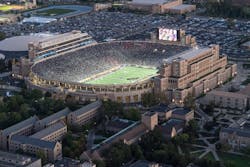 Notre Dame Stadium, where the university’s legendary football team plays, is part of a large athletic complex on campus. Several sports venues had to be upgraded in the project that implemented large-strand-count fiber-optic cables. Photo by Barbara Johnston, University of Notre Dame. Notre Dame Stadium, where the university’s legendary football team plays, is part of a large athletic complex on campus. Several sports venues had to be upgraded in the project that implemented large-strand-count fiber-optic cables. Photo by Barbara Johnston, University of Notre Dame.