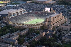 Notre Dame Stadium, where the university&rsquo;s legendary football team plays, is part of a large athletic complex on campus. Several sports venues had to be upgraded in the project that implemented large-strand-count fiber-optic cables. Photo by Barbara Johnston, University of Notre Dame.