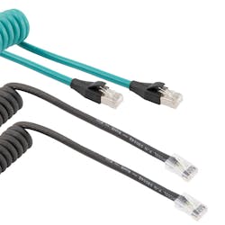 New coiled Ethernet cables from L-com boast a 26AWG stranded construction with UL 20352-style, oil-resistant, high-flex, zero-halogen and polyurethane TPU jackets to address a multitude of applications. New coiled Ethernet cables from L-com boast a 26AWG stranded construction with UL 20352-style, oil-resistant, high-flex, zero-halogen and polyurethane TPU jackets to address a multitude of applications.