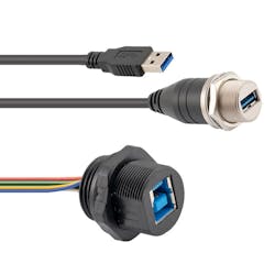 L-com's new waterproof USB cable assemblies are USB 3.0 compliant and feature a waterproof, panel/enclosure mount connector on one end of the assembly. L-com's new waterproof USB cable assemblies are USB 3.0 compliant and feature a waterproof, panel/enclosure mount connector on one end of the assembly.