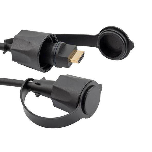 Rugged waterproof HDMI cables and coupler enable HDMI connectivity in harsh environments often found in military and industrial computing environment and in outdoor display applications.