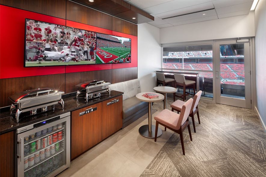 AV systems allow an immersive experience within the 12 luxury suites at Ohio Stadium, the home of The Ohio State University Buckeyes. Visitors to &apos;The Horseshoe,&apos; as the stadium is commonly called, enjoy larger televisions along with an improved sound system and scoreboards on the stadium-s B-deck thanks to a recent AV system upgrade.