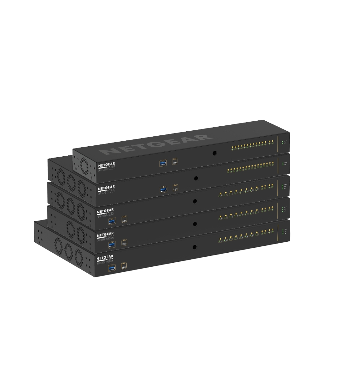 The M4250 switches are designed for a clean integration with traditional rack-mounted AV equipment. A sleek, black display panel provides port and activity status in the front, with all power and network cabling neatly organized in the back.