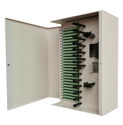 This 288-port indoor wall box occupies slightly more than 2 cubic feet of space. Contrast that footprint with an outdoor fiber distribution hub cabinet, which takes up more than 6 cubic feet of space to mount on a pole, pedestal, or concrete pad.